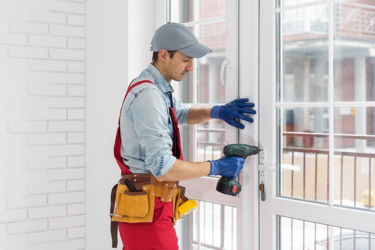 Locksmith working on a door lock with a drill